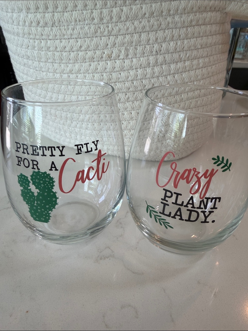 🌱🌵Funny Plant Lady Stemless Wine Glasses - Green & Pink Cactus Design.